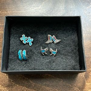 Silver turquoise post earring bundle crosses cats boots crescents